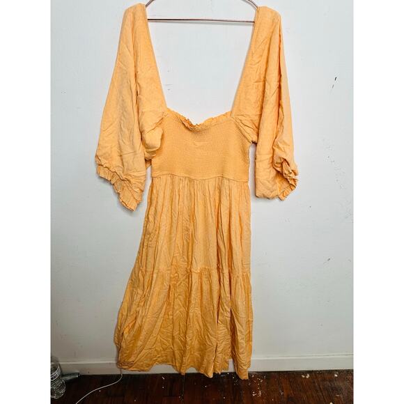 LOUNA Orange Square Neckline Puff Sleeves Chic Flowy Midi Dress size Medium - Picture 3 of 13